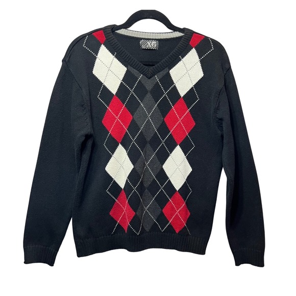 XG Argyle Sweater Boys‎ XL Pullover V Neck Knitwear Black Red - Picture 1 of 5